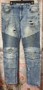 HUSTLE JEANS Slim Super Stretch Mens 38 X 31 Distressed Denim Y2K Straight Leg - Picture 1 of 15
