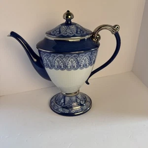 Vintage BOMBAY Teapot With Lid Arabesque Tile Blue & White Silver Platinum Trim - Picture 1 of 8