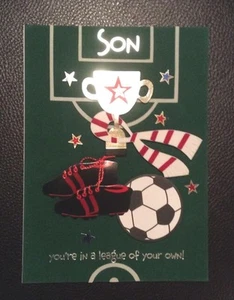 HAPPY BIRTHDAY SON BIRTHDAY CARD TROPHY FOOTBALL BOOTS BALL SCARF - Picture 1 of 2