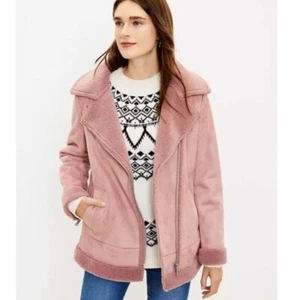 Ann Taylor LOFT Faux Suede Aviator Biker Jacket in Pink and Silver S Ret: $210 - Picture 1 of 5