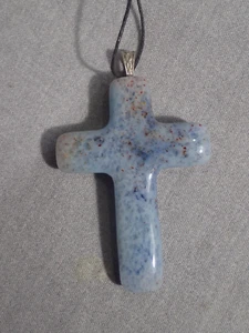 Art Glass Cross Pendant Bluish Gray w Specks of Purple Necklace On Cord - Picture 1 of 7