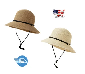 Womens Sun Straw Summer Floppy Beach Hat Wide Brim Lanyard UPF50 Foldable Rollup - Picture 1 of 6