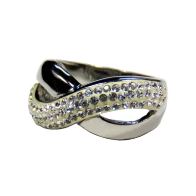 Anel transversal feminino de aço inoxidável polido com detalhes CZ - Imagem 1 de 4