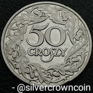Poland 🇵🇱 50 Groszy 1923. Y#13. Nickel 50 Cents Coin. 1 Year. Crowned Eagle. D - Picture 1 of 7