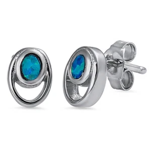 Oval Earrings Blue Simulated Opal .925 Sterling Silver - Picture 1 of 2
