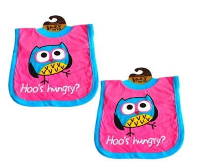 2 x Lazyone Baby Girls Bibs Over Head Baby Dribble Cotton Feed Hoo'sHungry D48 - Image 1 of 4