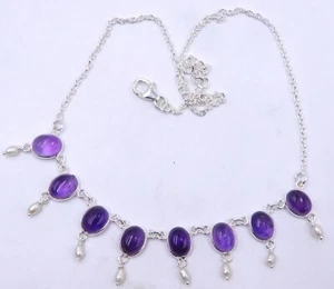 9.20 GM 925 Argento Sterling Naturale Ametista Perla Gemma Collana Misura 43.2cm - Foto 1 di 4