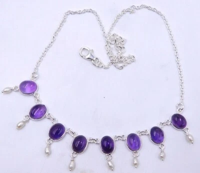 9.20 GM 925 Argento Sterling Naturale Ametista Perla Gemma Collana Misura 43.2cm - Immagine 1 di 4