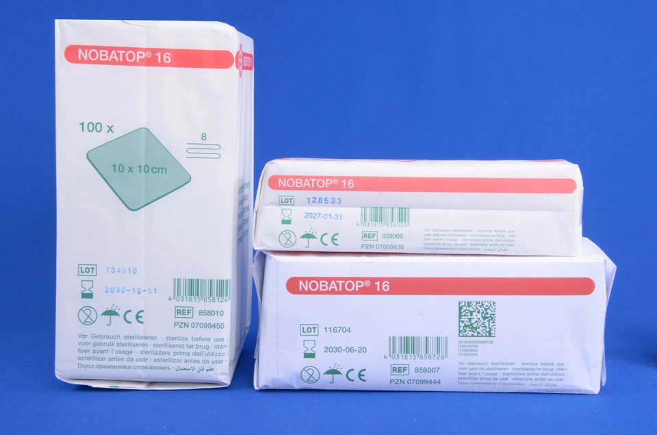 Nobatop 16, saugfähige Vlies-Kompressen 8-lg, 100 St. 5x5/7,5x7,5/10x10/10x20 cm