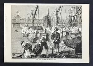 On the Thames at low tide in Westminster London woodcut 1878 - Picture 1 of 2