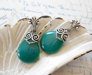 Oxidized Sterling Carolyn Pollack Green Agate Drop Dangle Earrings   35-F79 - Picture 1 of 8