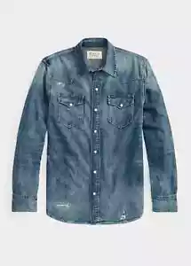 NEW RARE Polo Ralph Lauren XL Distressed Stitched Denim Western Cowboy Men Shirt - Picture 1 of 11