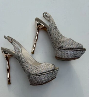 Sapatos Sophia Webster 36 saltos metálicos de tweed plataforma peeptoe marfim EUA 5.5 - Imagem 1 de 4