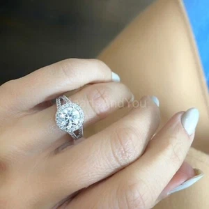 2ct Round Cut Moissanite Split Shank Halo Engagement Ring 14k White Gold Plated - Picture 1 of 4