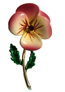 Vintage Enamel Pansy Fun Spring Flower Brooch Magenta Woodsy Cottage Core 2.5" - Picture 1 of 7