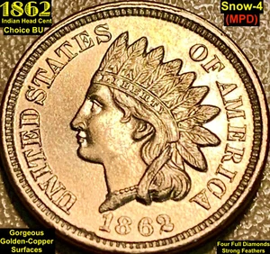 1862 INDIAN HEAD CENT (SNOW-4) MPD **CHOICE BRILLIANT UNC** - Picture 1 of 7
