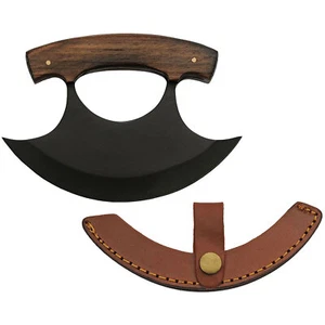 SZCO Küchenmesser, Eskimomesser, Wiegemesser, Black Ulu mit brauner Lederscheide - Bild 1 von 4