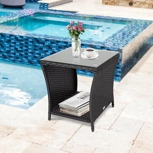 Patio Wicker Side Table Outdoor Square Tempered Glass Top End Table with Storage - Picture 1 of 8