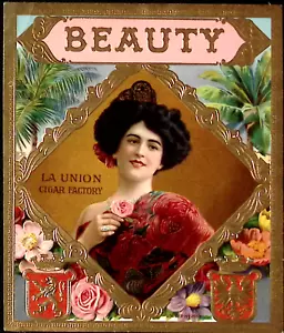 1920 BELLEZA La Union Cigar Factory Dorado Repujado Caja de Puros Etiqueta Dama Encantadora - Imagen 1 de 3
