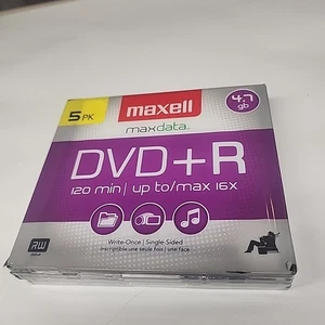 Maxell - DVD+R 4.7 GB 4x - storage media 5 Pack. Brand New, Sealed. 4 Hours Rec - Picture 1 of 4