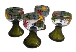 Set of 4 Vintage German Glass Roemer Wine Glasses Green Stems Blue Grapes - Picture 1 of 16