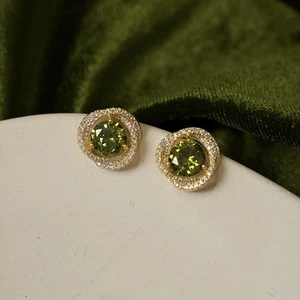 Elegant Olive Green Stud Earrings with Sparkling Zircon, Party/ Banquet Earrings - Picture 1 of 11