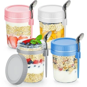 4 Pack Overnight Oats Containers with Lids and Spoons 16 Oz Glass Mason Jars ... - Picture 1 of 7