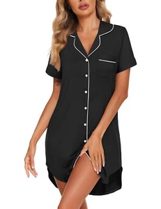 Womens Nightgown Button Down Sleepshirts Short Sleeve Sleepwear Boyfriend Nig... - Picture 1 of 6