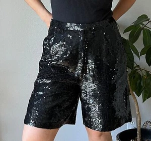 80er Vintage Lawrence Kazar reine Seide Pailletten schwarz Glamour Shorts Spaß Party Large - Bild 1 von 10
