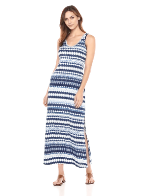 Karen Kane Vibrant Blue Hues Ikat Leg Baring Side-Slit Maxi Beach Dress Large - Image 1 of 4