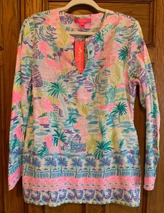 Top túnica Lilly Pulitzer lino Ocean Cove talla L "Private Island" largo slv nuevo con etiquetas - Imagen 1 de 11