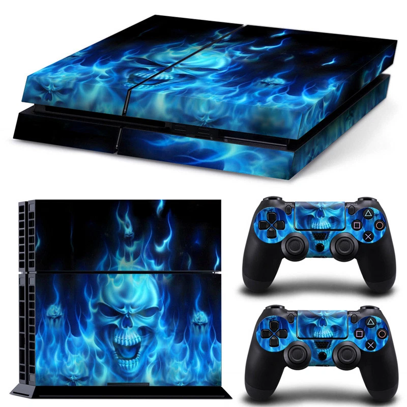 Skull Blue Fire Skin for Sticker Sony Playstation4 PS4 Console+Controller Decals - Image 1 of 1