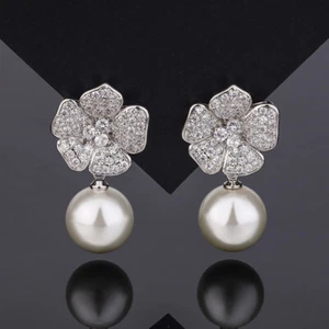 White Sea Shell Pearl Cubic Zirconia Pave Flower Stud Earrings Jewelry For Women - Picture 1 of 1