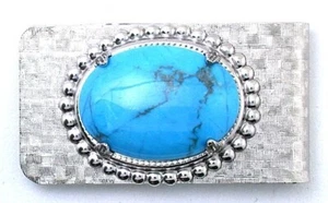 Turquoise Howlite 25x18 Oval Cab Silver Color Money Clip PMC103/4623 - Picture 1 of 2