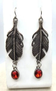 Silver Feather Dangle Earrings With Red Gemstone Accents - Picture 1 of 1