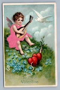 NIÑA POSTAL ANTIGUA DE SAN VALENTÍN EN RELIEVE con GUITARRA EN APLIQUES VESTIDO DE TELA - Imagen 1 de 2