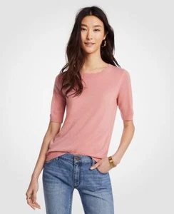 Ann Taylor XS $59 Pink Wool Knit Top Scalloped Neck Short Sleeve Thin Career - Picture 1 of 5
