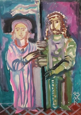 Contemporary original gouache painting medieval figures signed - Image 1 of 4