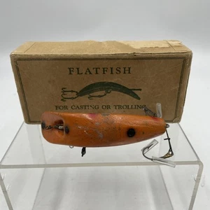 Vintage Helin Tackle Co. Flatfish Wooden Fishing Lure Wood Bait & Box - Orange - Picture 1 of 10