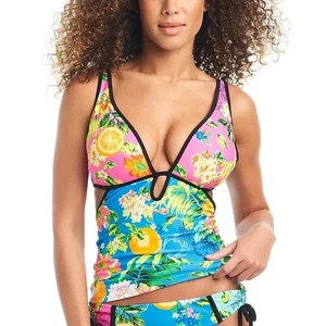 Bar III Women Tropical Plunge Neck Tie Back Beachwear Swim Tankini Top Size L - Picture 1 of 3