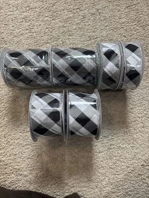 Christmas Ribbon Black White & Gray Plaid Ribbon 4”, 2.5”, 1.5” LOT OF 6 NEW - Image 1 of 4