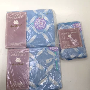 Vintage 80s Gloria Vanderbilt Full Sheet Set Blue Floral Fitted Flat Pillowcase - Picture 1 of 8