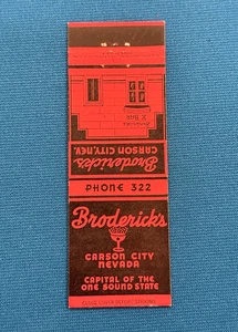 Broderick's Bar Carson City Nevada Vintage Streichholzheftchenhülle Lt#1487 - Bild 1 von 2