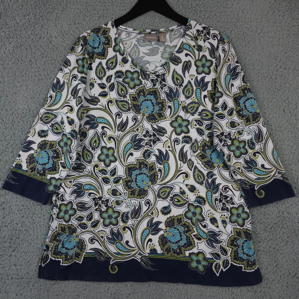Camisa Chicos Mujer 3 US XL Azul Floral Cachemira Cuello en V Manga 3/4 Túnica Top Foto 1 de 4