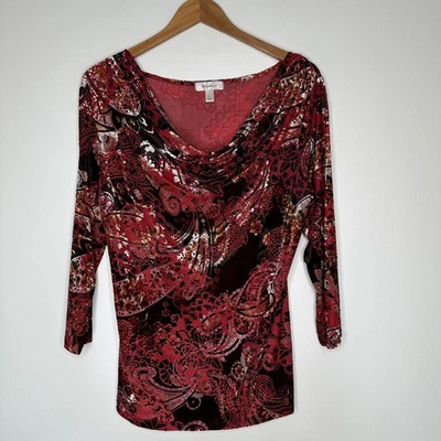 Dressbarn Cowl Neck Top Womens Size L Paisley Velvet Burnout Boho Fairy Artsy - Image 1 of 4