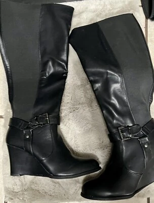 Torrid Faux Leather Knee High Boots Wedge Heel Buckle Zipper Size 9 Wide - Image 1 of 3