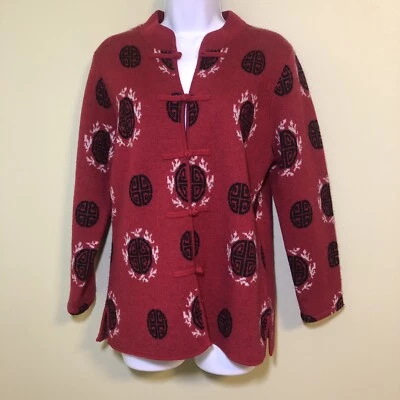 Norm Thompson Womens 100% Wool Cardigan Sweater SMALL Asian Red Button Oriental - Image 1 of 4
