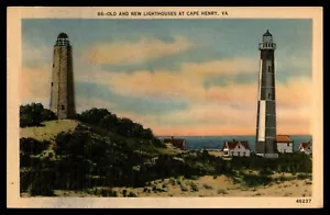 Postcard Old & New Lighthouses at Cape Henry, Virginia LINEN UNP - Picture 1 of 2