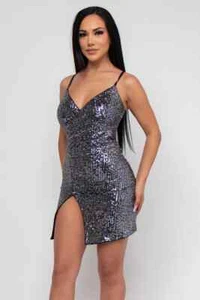 Black and Silver Sequin Wrap Inspired Dress Size Large Mini Party Cocktail - Picture 1 of 2