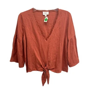 Everly Top Women Small Rust Crochet V Neck Waist Tie Linen Blend Blouse NEW - Picture 1 of 11